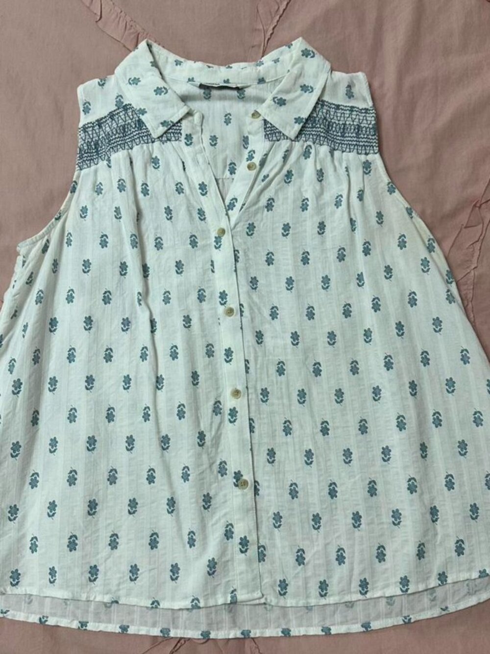 Sonoma white and blue floral embroidered button-up maternity blouse with smocked